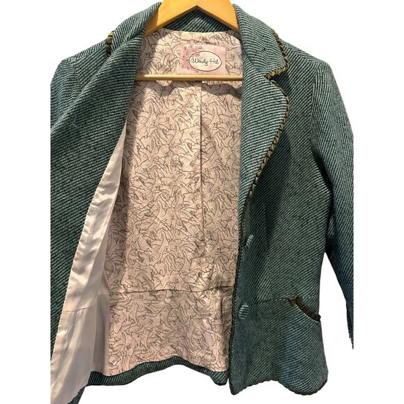 Wendy Hil Green Herringbone Tweed Blazer w/ Satin Trim Size M FrenchGirl Preppy - Picture 3 of 11